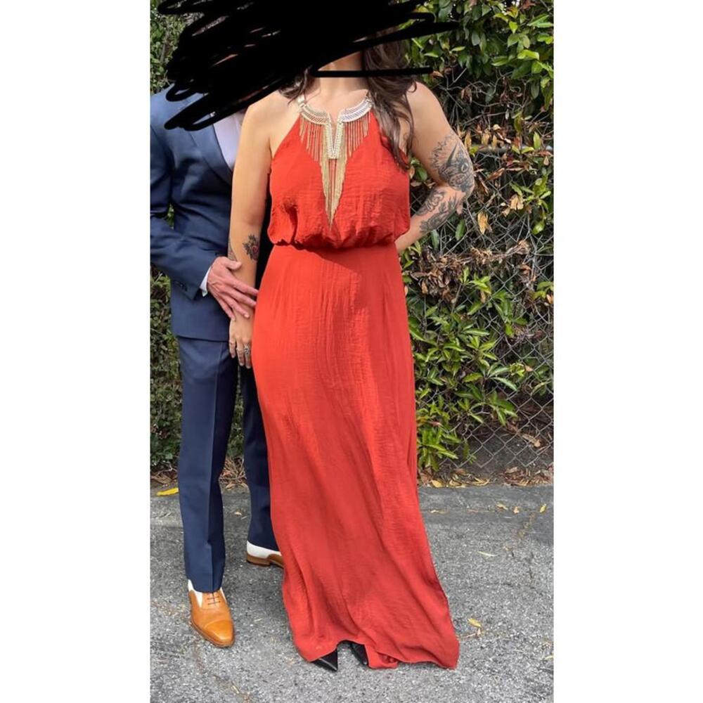 Rust Maxi Dress with Gold Beaded Neckline – Size S/M